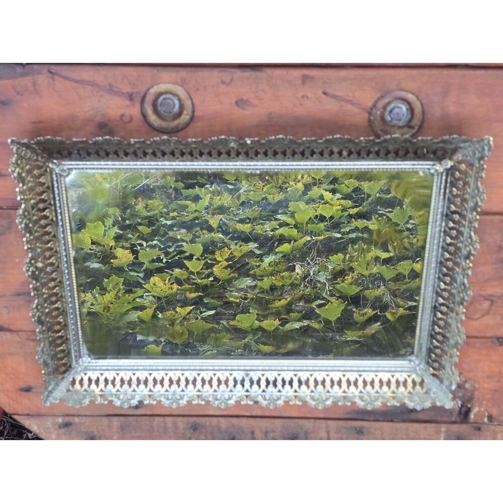 Mirrorred Vanity Tray Hollywood Regency Ornate Gold Tone Filigree 16.5"x11.5"x3"